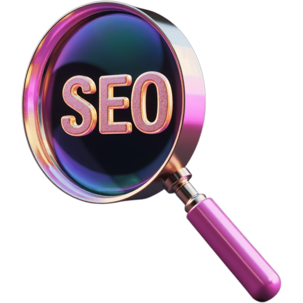 3D icon of a magnifying glass zooming on the word SEO